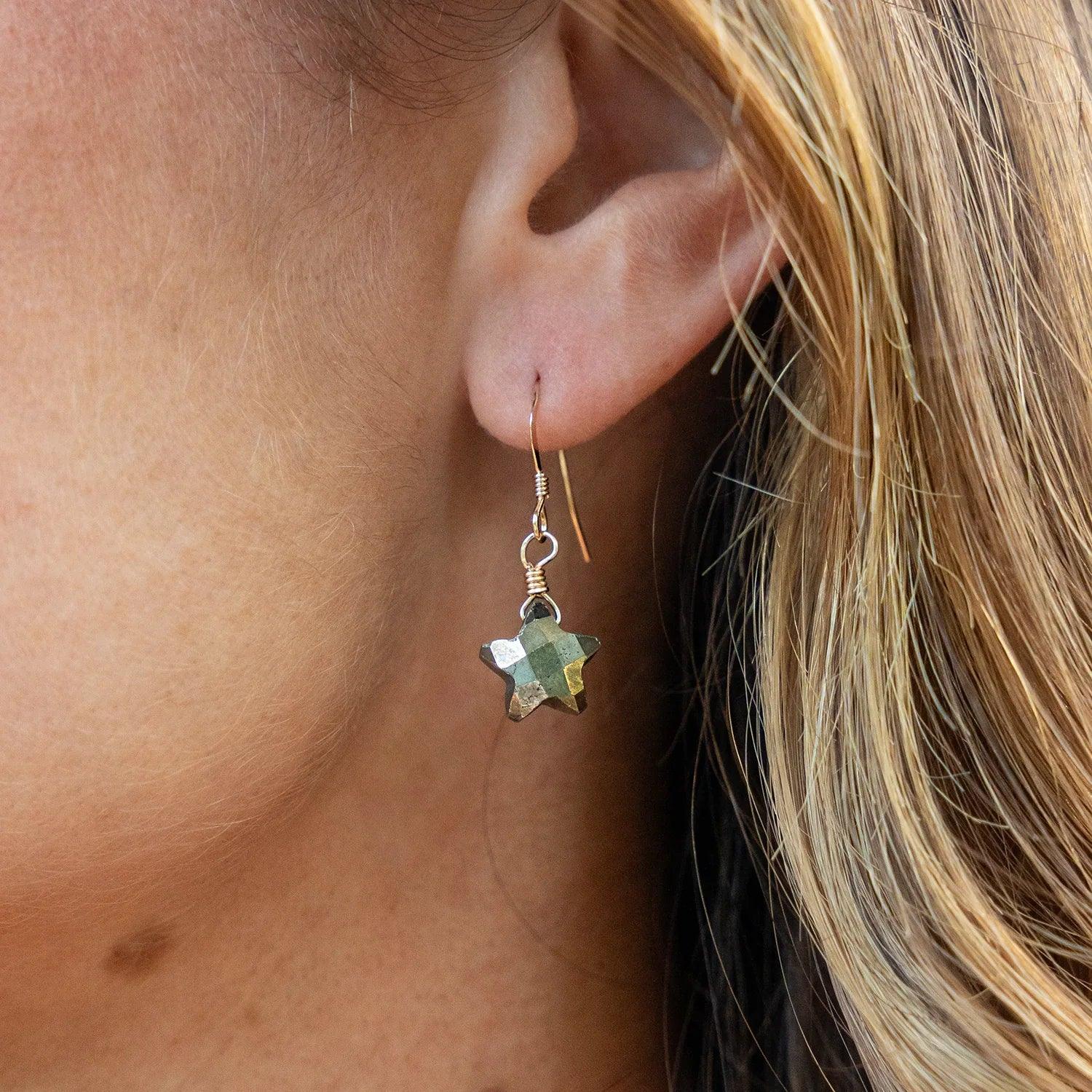Little Pyrite Crystal Star Dangle Drop Earrings