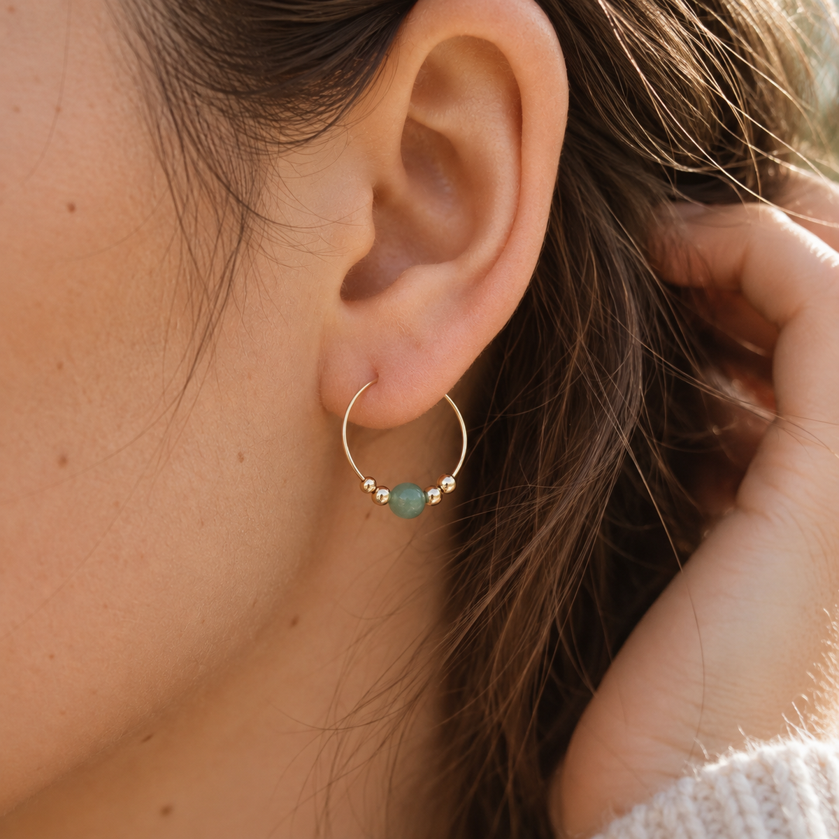 Tiny Aventurine Gemstone Bead Hoop Earrings