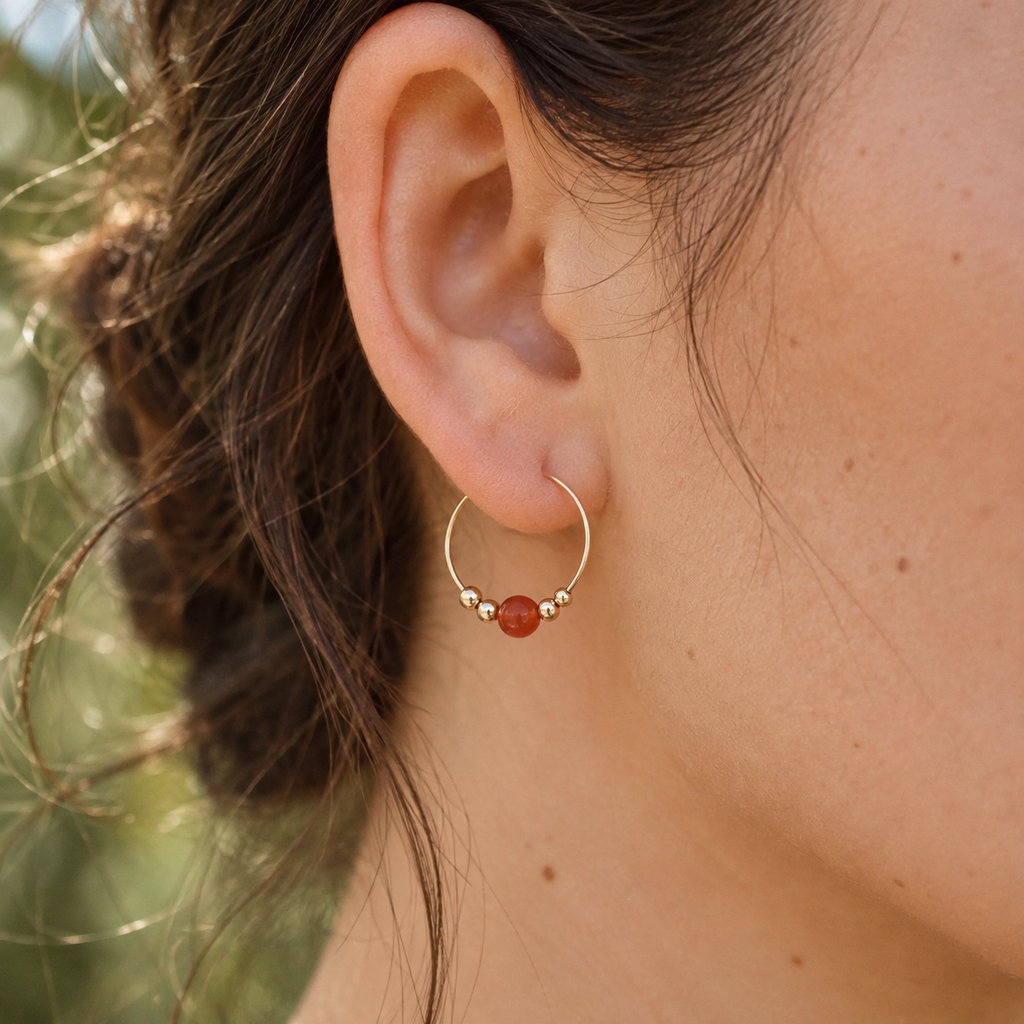 Tiny Carnelian Gemstone Bead Hoop Earrings