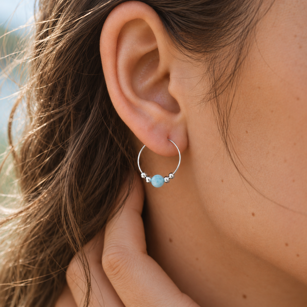 Tiny Larimar Gemstone Bead Hoop Earrings