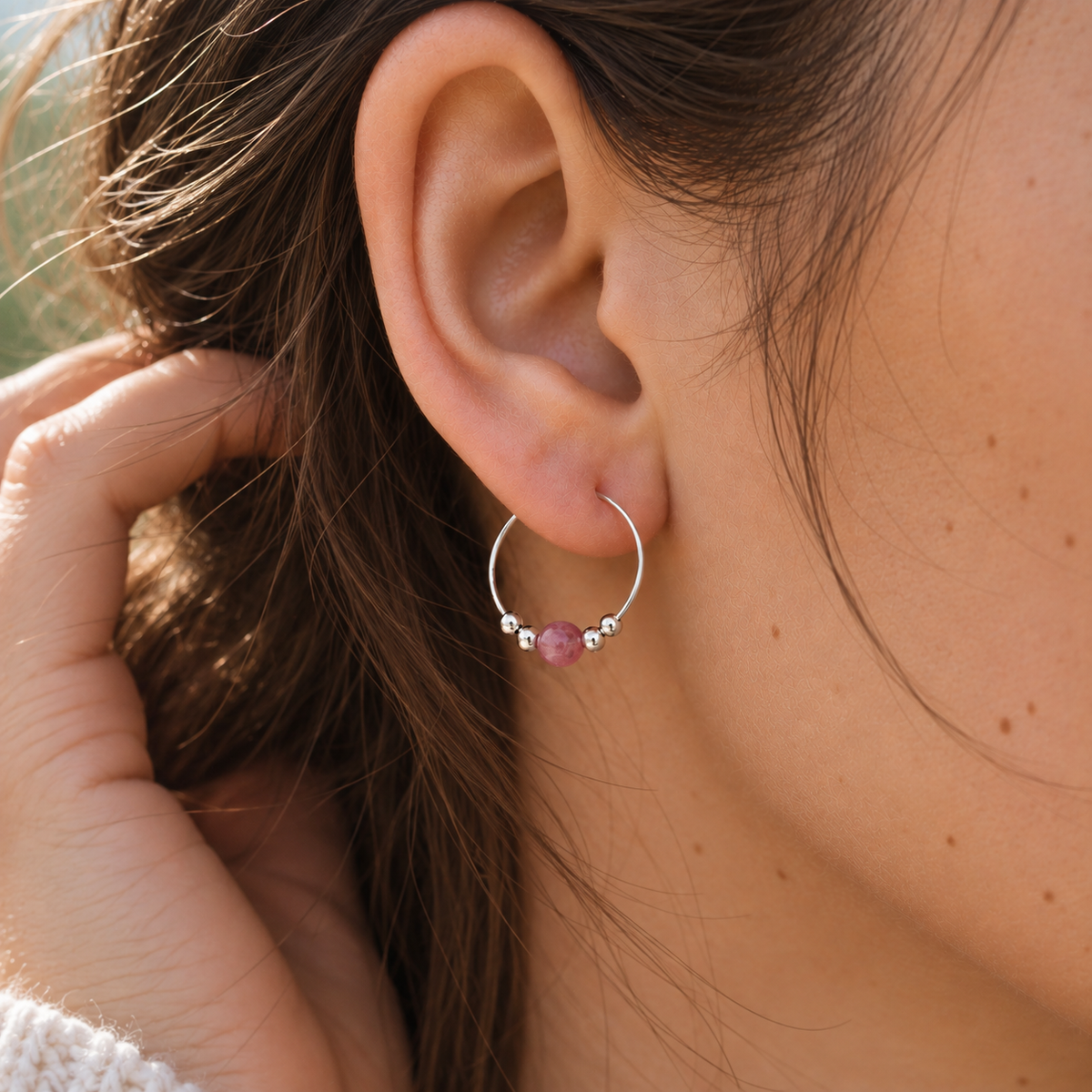 Tiny Pink Tourmaline Gemstone Bead Hoop Earrings