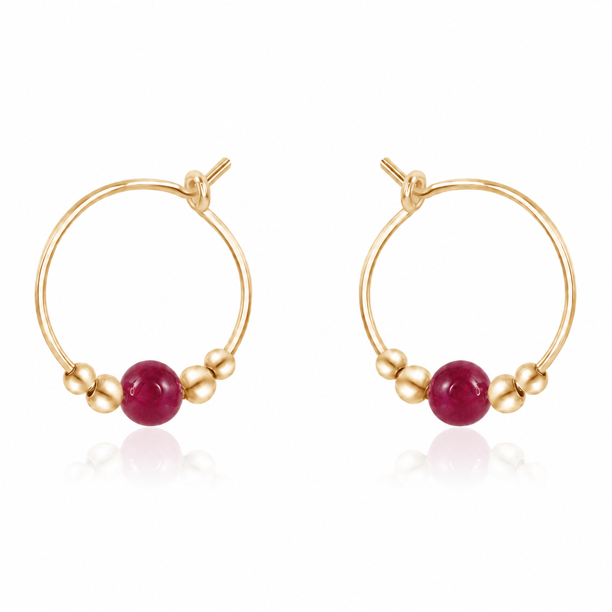 Tiny Ruby Gemstone Bead Hoop Earrings