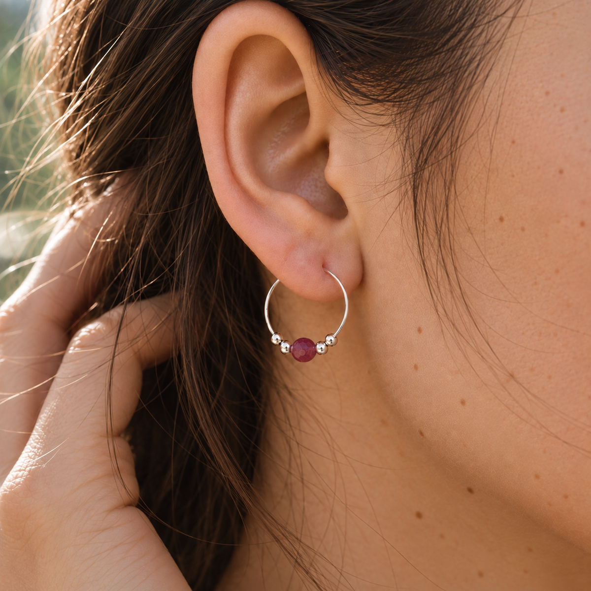 Tiny Ruby Gemstone Bead Hoop Earrings