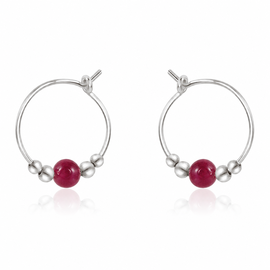 Tiny Ruby Gemstone Bead Hoop Earrings