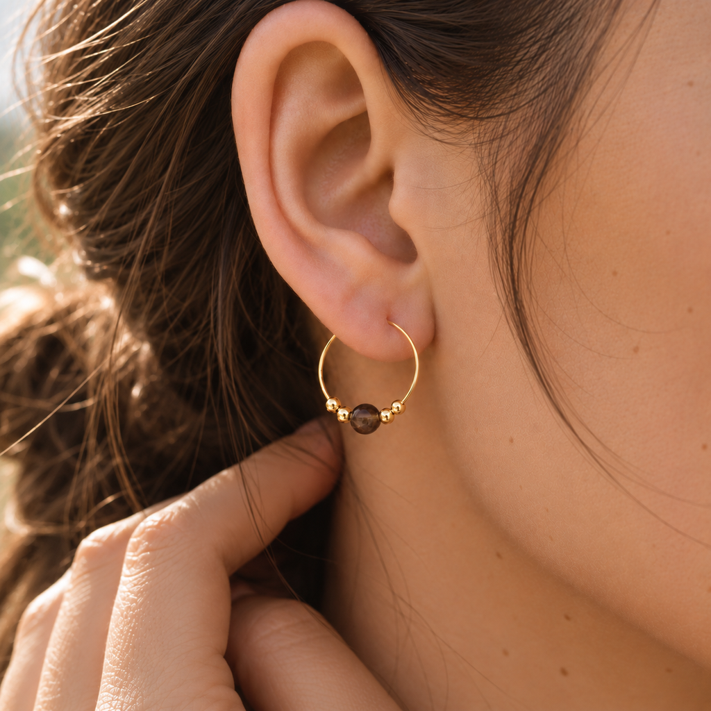 Tiny Smoky Quartz Gemstone Bead Hoop Earrings