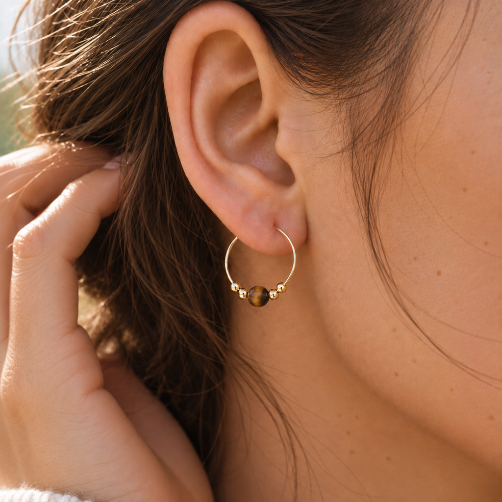 Tiny Tiger's Eye Gemstone Bead Hoop Earrings