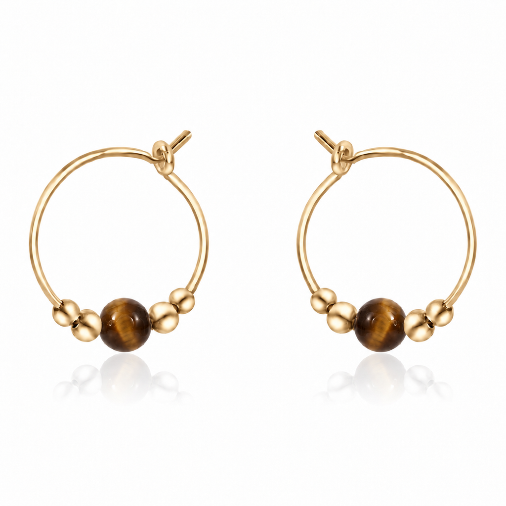 Tiny Tiger's Eye Gemstone Bead Hoop Earrings