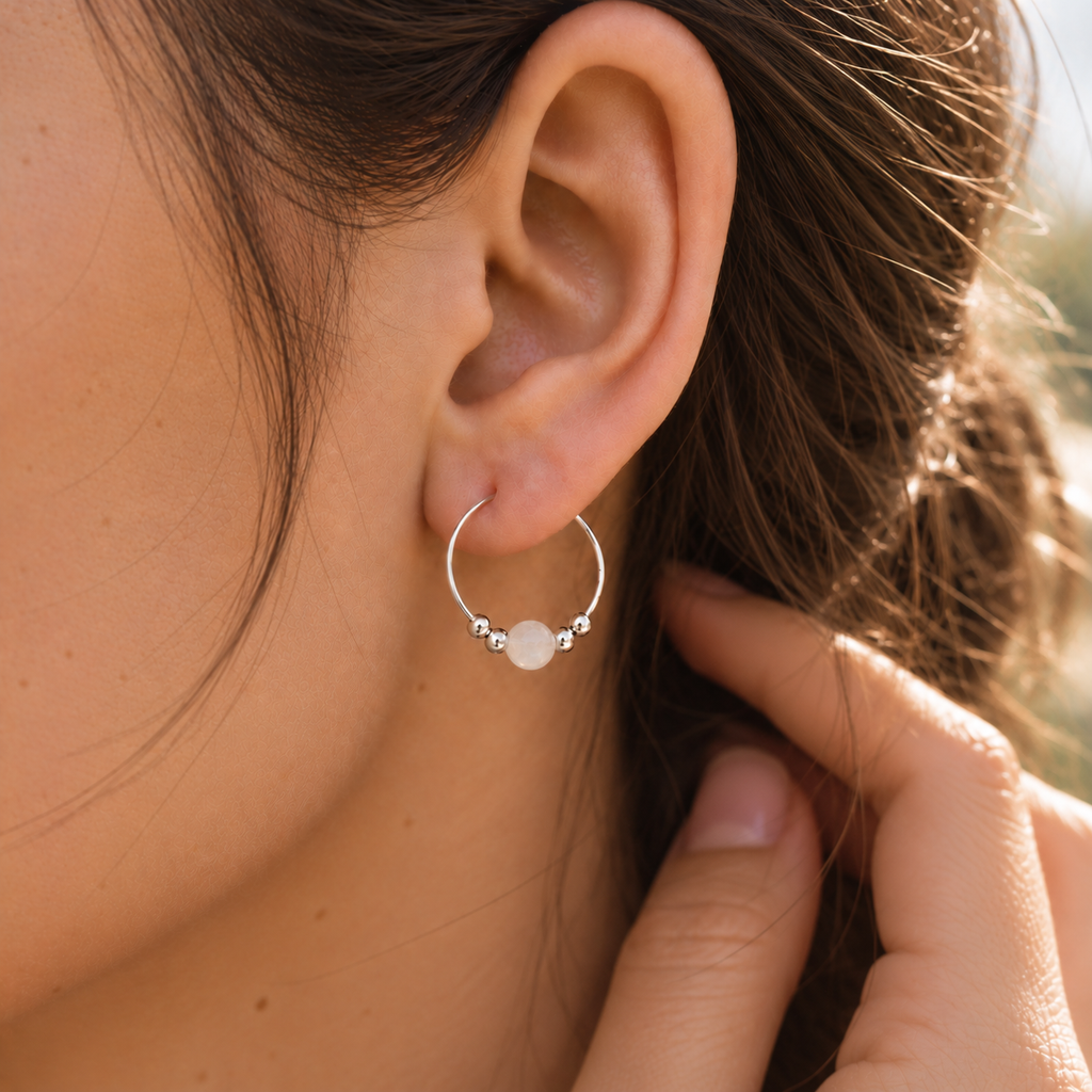 Tiny White Moonstone Gemstone Bead Hoop Earrings