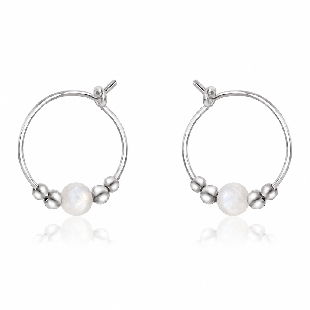 Tiny White Moonstone Gemstone Bead Hoop Earrings