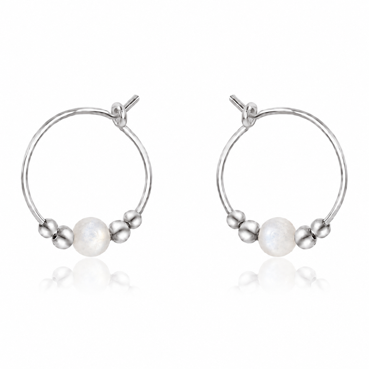 Tiny White Moonstone Gemstone Bead Hoop Earrings