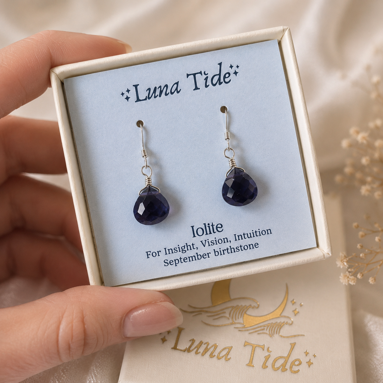 Iolite Gemstone Teardrop Dangle Earrings