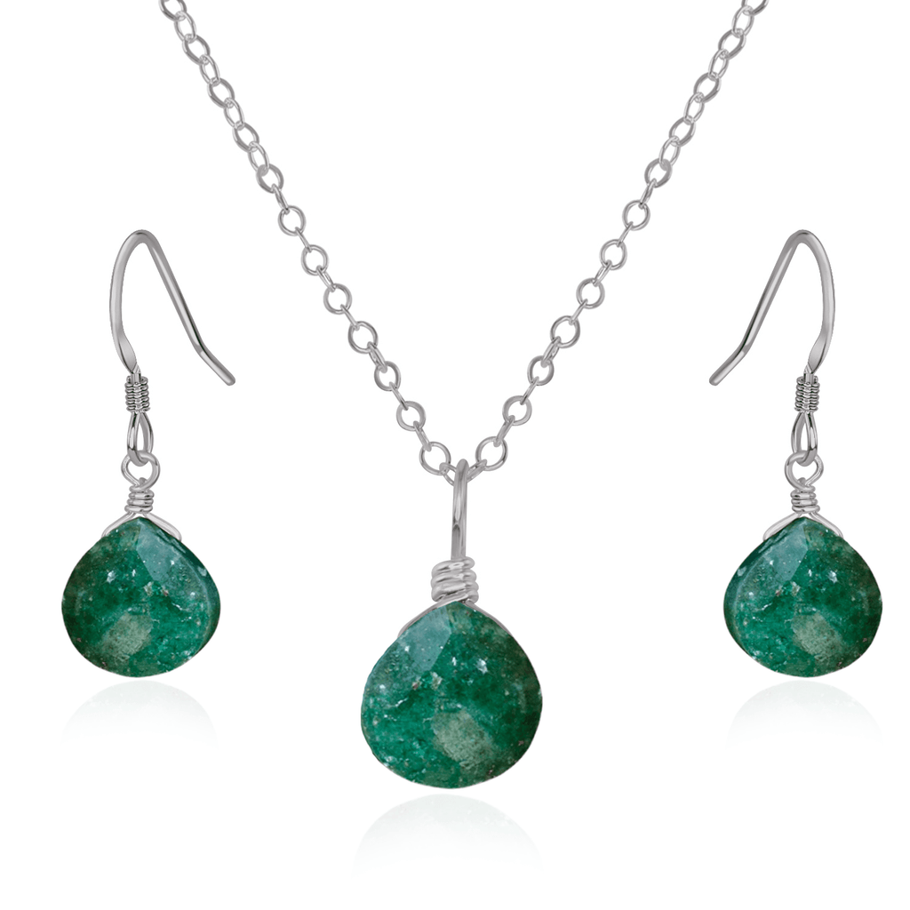 Aventurine Tiny Teardrop Earrings & Necklace Set - Aventurine Tiny Teardrop Earrings & Necklace Set - Stainless Steel / Cable - Luna Tide Handmade Crystal Jewellery