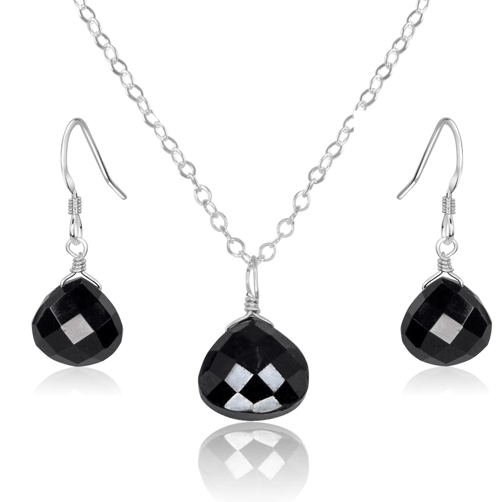 Black Onyx Tiny Teardrop Earrings & Necklace Set - Black Onyx Tiny Teardrop Earrings & Necklace Set - Sterling Silver / Cable - Luna Tide Handmade Crystal Jewellery
