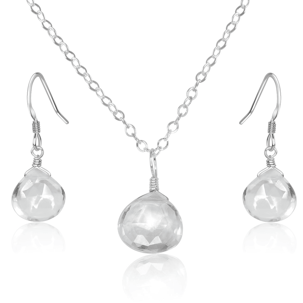 Crystal Quartz Tiny Teardrop Earrings & Necklace Set - Crystal Quartz Tiny Teardrop Earrings & Necklace Set - Sterling Silver / Cable - Luna Tide Handmade Crystal Jewellery