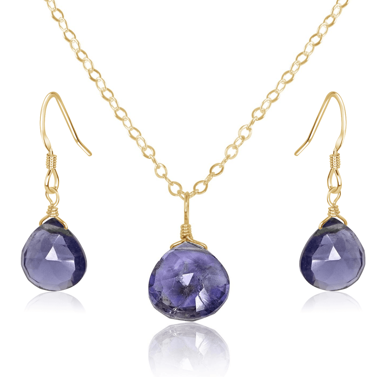 Iolite Tiny Teardrop Earrings & Necklace Set - Iolite Tiny Teardrop Earrings & Necklace Set - 14k Gold Fill / Cable - Luna Tide Handmade Crystal Jewellery