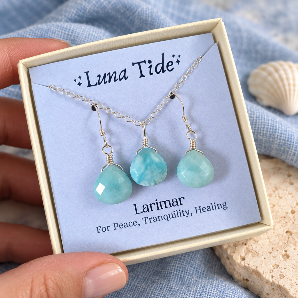 Larimar Tiny Teardrop Earrings & Necklace Set