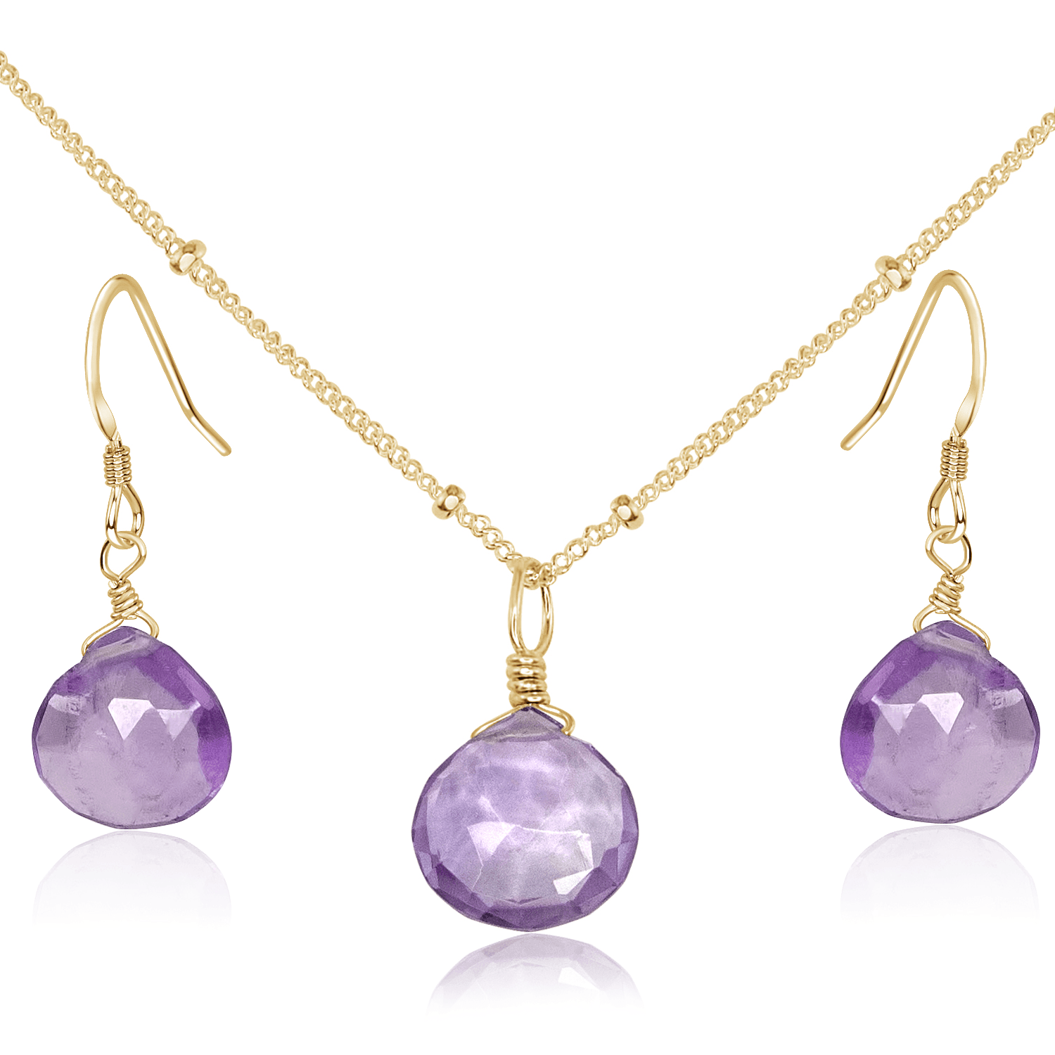 Pink Amethyst Tiny Teardrop Earrings & Necklace Set - Pink Amethyst Tiny Teardrop Earrings & Necklace Set - 14k Gold Fill / Satellite - Luna Tide Handmade Crystal Jewellery