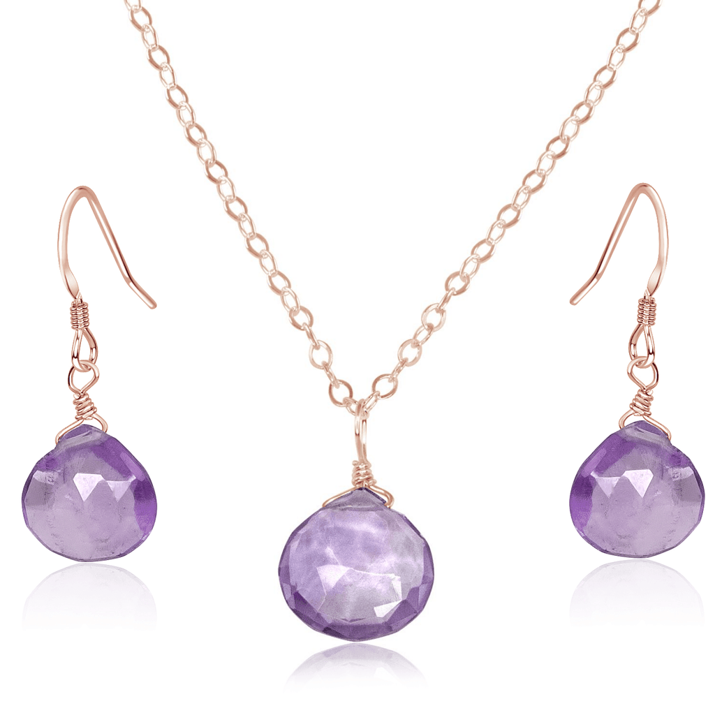 Pink Amethyst Tiny Teardrop Earrings & Necklace Set - Pink Amethyst Tiny Teardrop Earrings & Necklace Set - 14k Rose Gold Fill / Cable - Luna Tide Handmade Crystal Jewellery