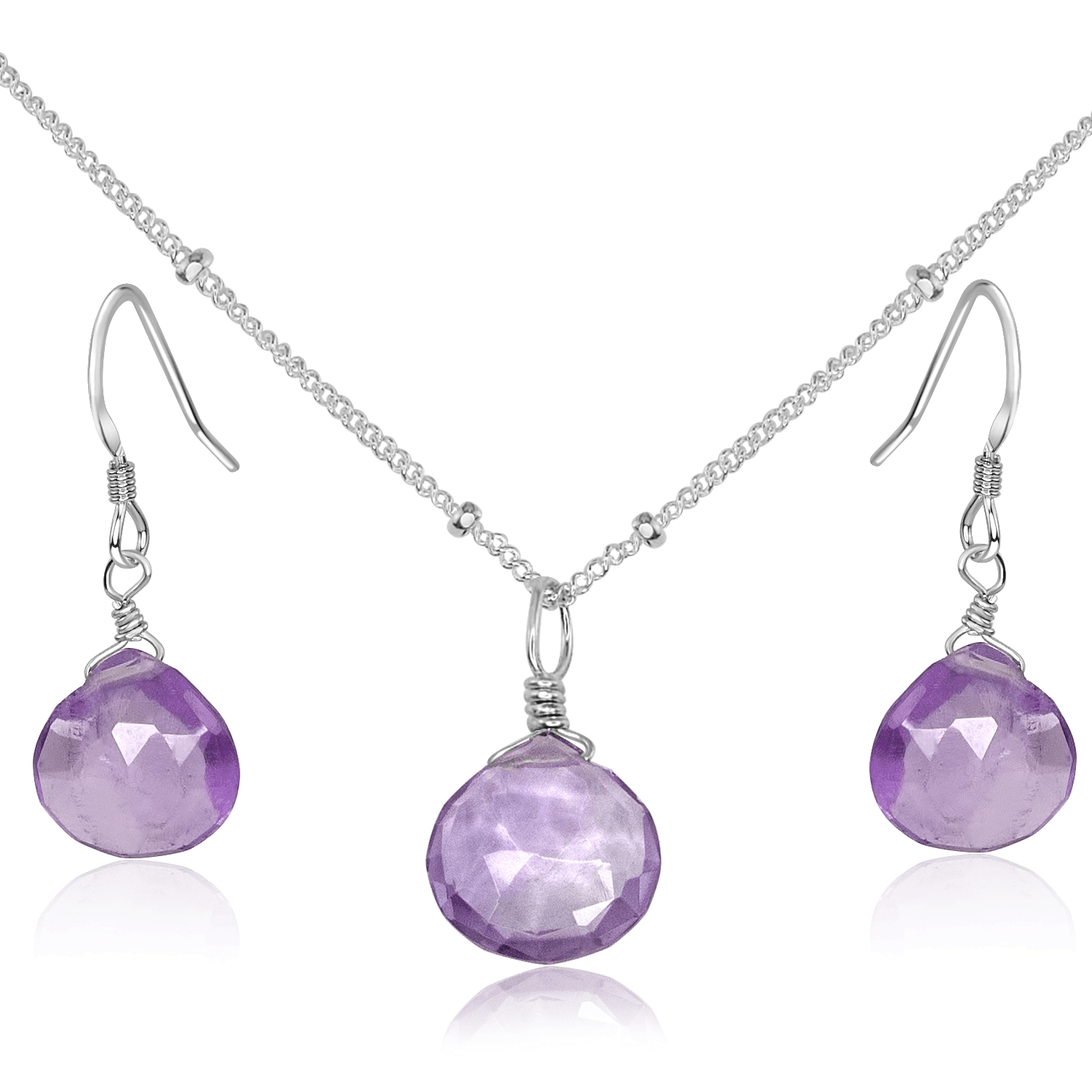 Pink Amethyst Tiny Teardrop Earrings & Necklace Set - Pink Amethyst Tiny Teardrop Earrings & Necklace Set - Sterling Silver / Satellite - Luna Tide Handmade Crystal Jewellery