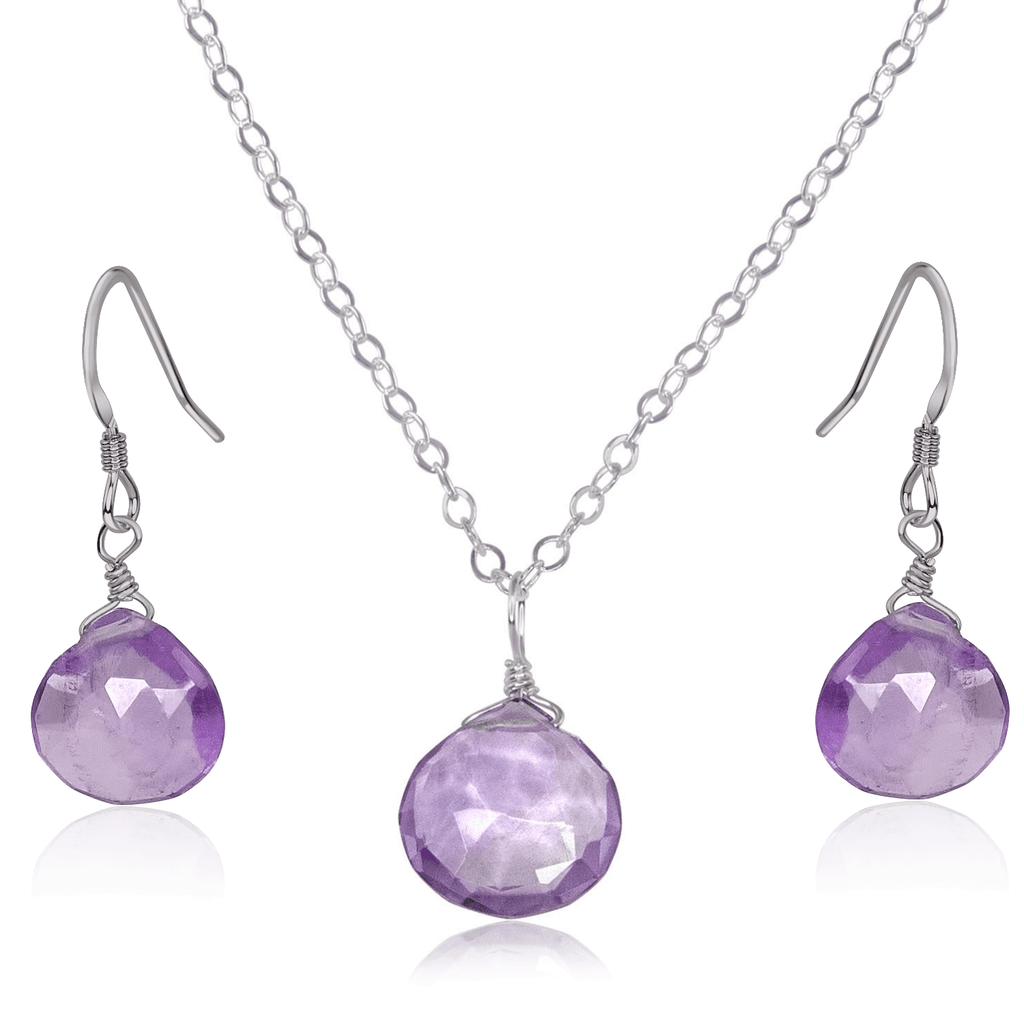 Pink Amethyst Tiny Teardrop Earrings & Necklace Set - Pink Amethyst Tiny Teardrop Earrings & Necklace Set - Stainless Steel / Cable - Luna Tide Handmade Crystal Jewellery