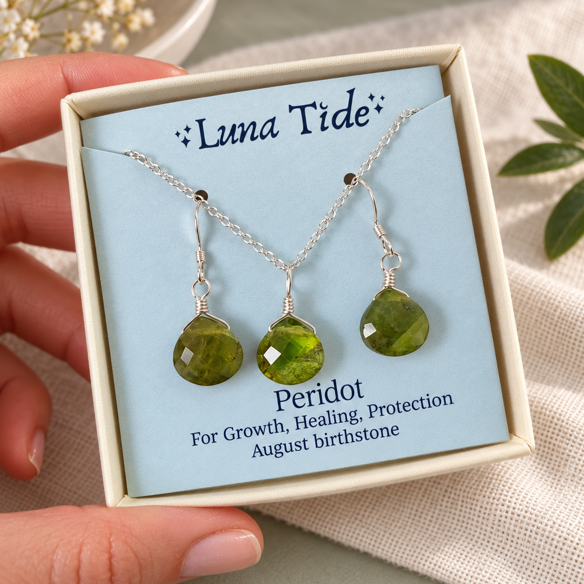 Peridot Tiny Teardrop Earrings & Necklace Set