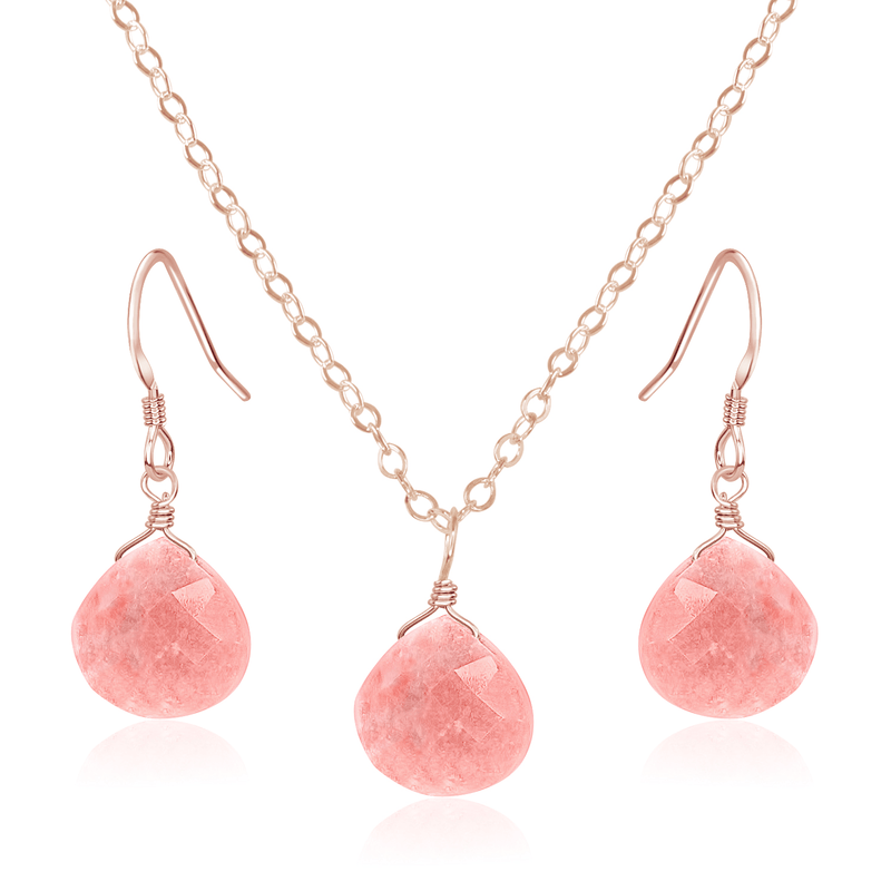 Pink Peruvian Opal Tiny Teardrop Earrings & Necklace Set