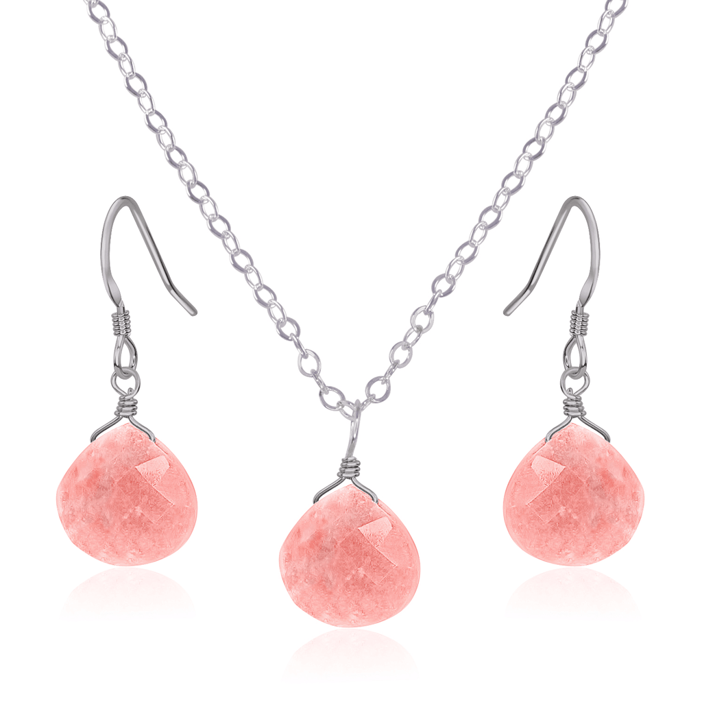 Pink Peruvian Opal Tiny Teardrop Earrings & Necklace Set - Pink Peruvian Opal Tiny Teardrop Earrings & Necklace Set - Stainless Steel / Cable - Luna Tide Handmade Crystal Jewellery