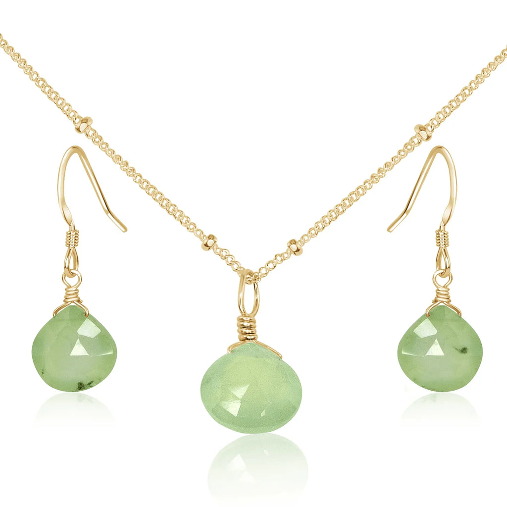 Prehnite Tiny Teardrop Earrings & Necklace Set - Prehnite Tiny Teardrop Earrings & Necklace Set - 14k Gold Fill / Satellite - Luna Tide Handmade Crystal Jewellery