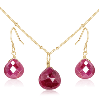 Ruby Tiny Teardrop Earrings & Necklace Set - Ruby Tiny Teardrop Earrings & Necklace Set - 14k Gold Fill / Satellite - Luna Tide Handmade Crystal Jewellery