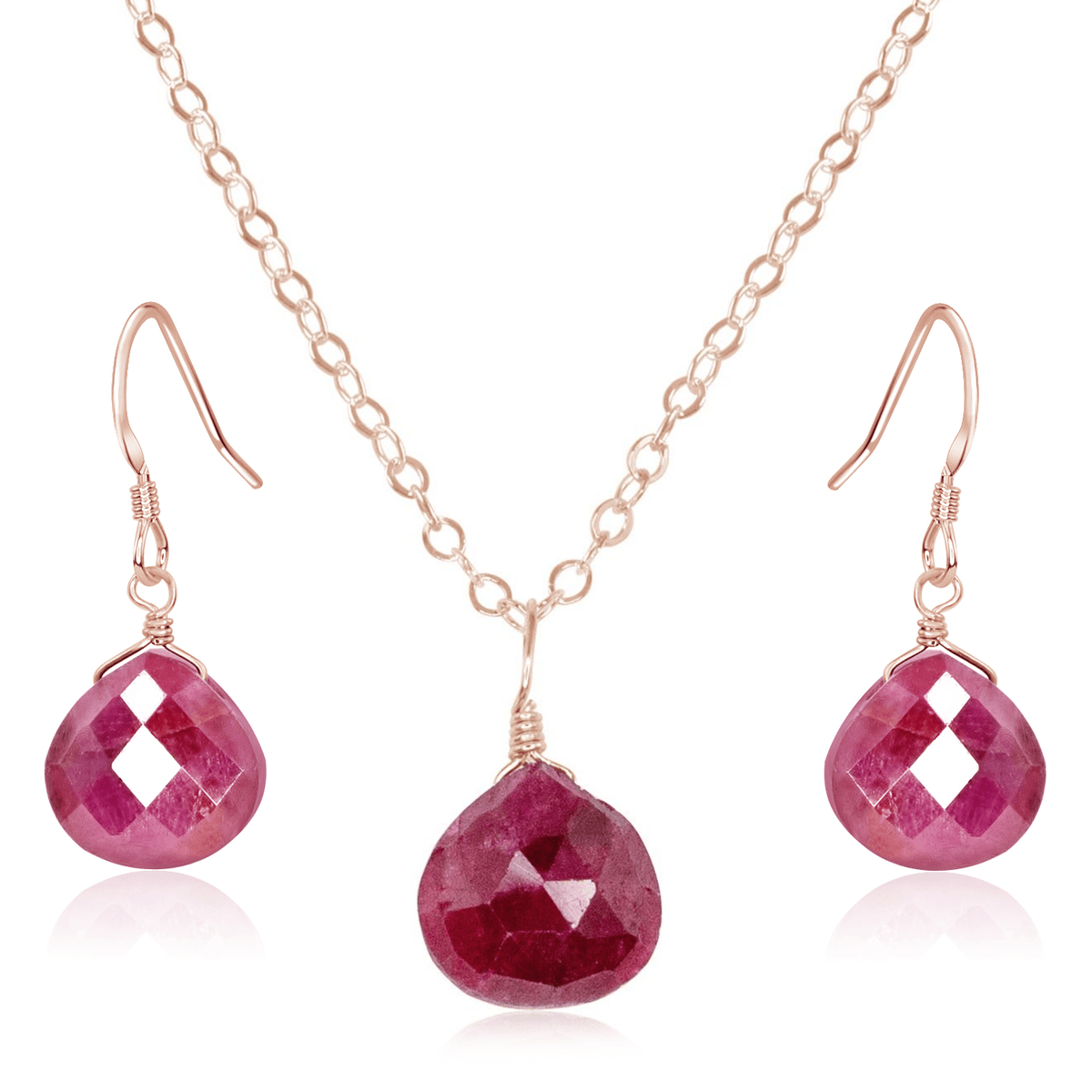 Ruby Tiny Teardrop Earrings & Necklace Set - Ruby Tiny Teardrop Earrings & Necklace Set - 14k Rose Gold Fill / Cable - Luna Tide Handmade Crystal Jewellery