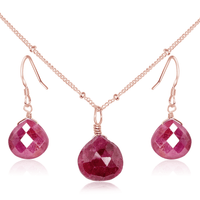 Ruby Tiny Teardrop Earrings & Necklace Set - Ruby Tiny Teardrop Earrings & Necklace Set - 14k Rose Gold Fill / Satellite - Luna Tide Handmade Crystal Jewellery