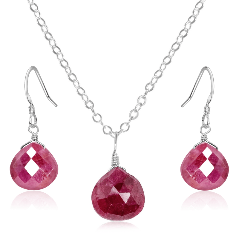 Ruby Tiny Teardrop Earrings & Necklace Set - Ruby Tiny Teardrop Earrings & Necklace Set - Sterling Silver / Cable - Luna Tide Handmade Crystal Jewellery
