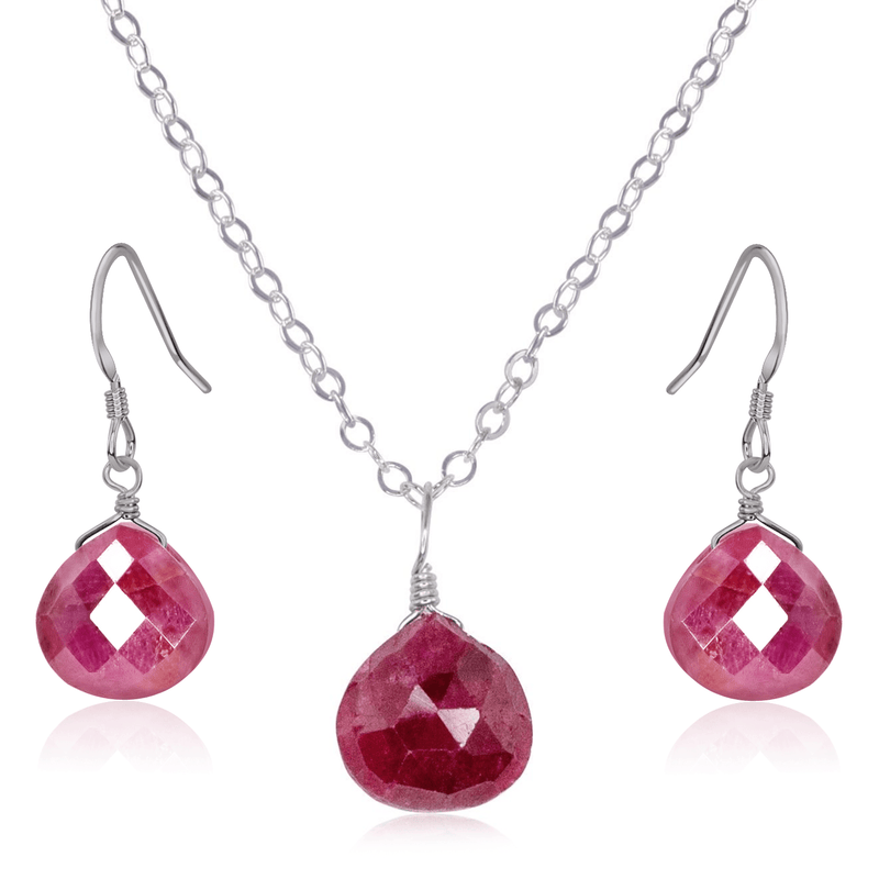 Ruby Tiny Teardrop Earrings & Necklace Set - Ruby Tiny Teardrop Earrings & Necklace Set - Stainless Steel / Cable - Luna Tide Handmade Crystal Jewellery