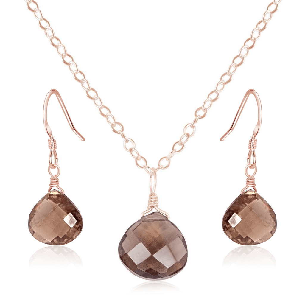 Smoky Quartz Tiny Teardrop Earrings & Necklace Set - Smoky Quartz Tiny Teardrop Earrings & Necklace Set - 14k Rose Gold Fill / Cable - Luna Tide Handmade Crystal Jewellery