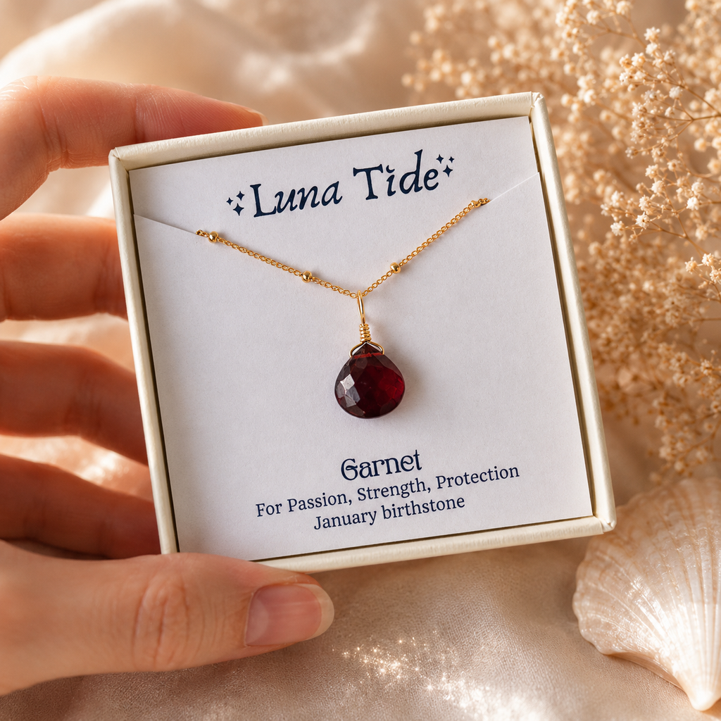Tiny Garnet Teardrop Crystal Pendant Necklace jewellery box