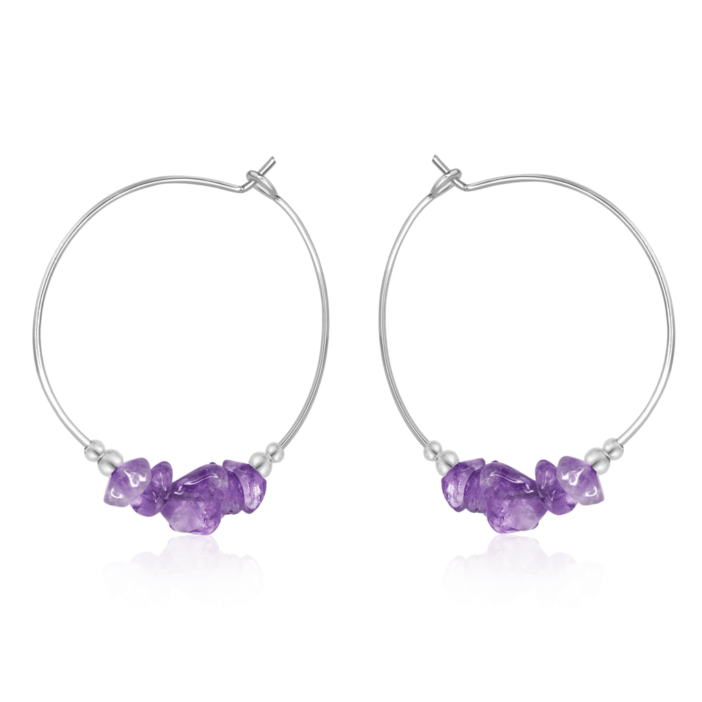 Amethyst Crystal Chip Large Hoop Earrings - Amethyst Crystal Chip Large Hoop Earrings - Sterling Silver - Luna Tide Handmade Crystal Jewellery