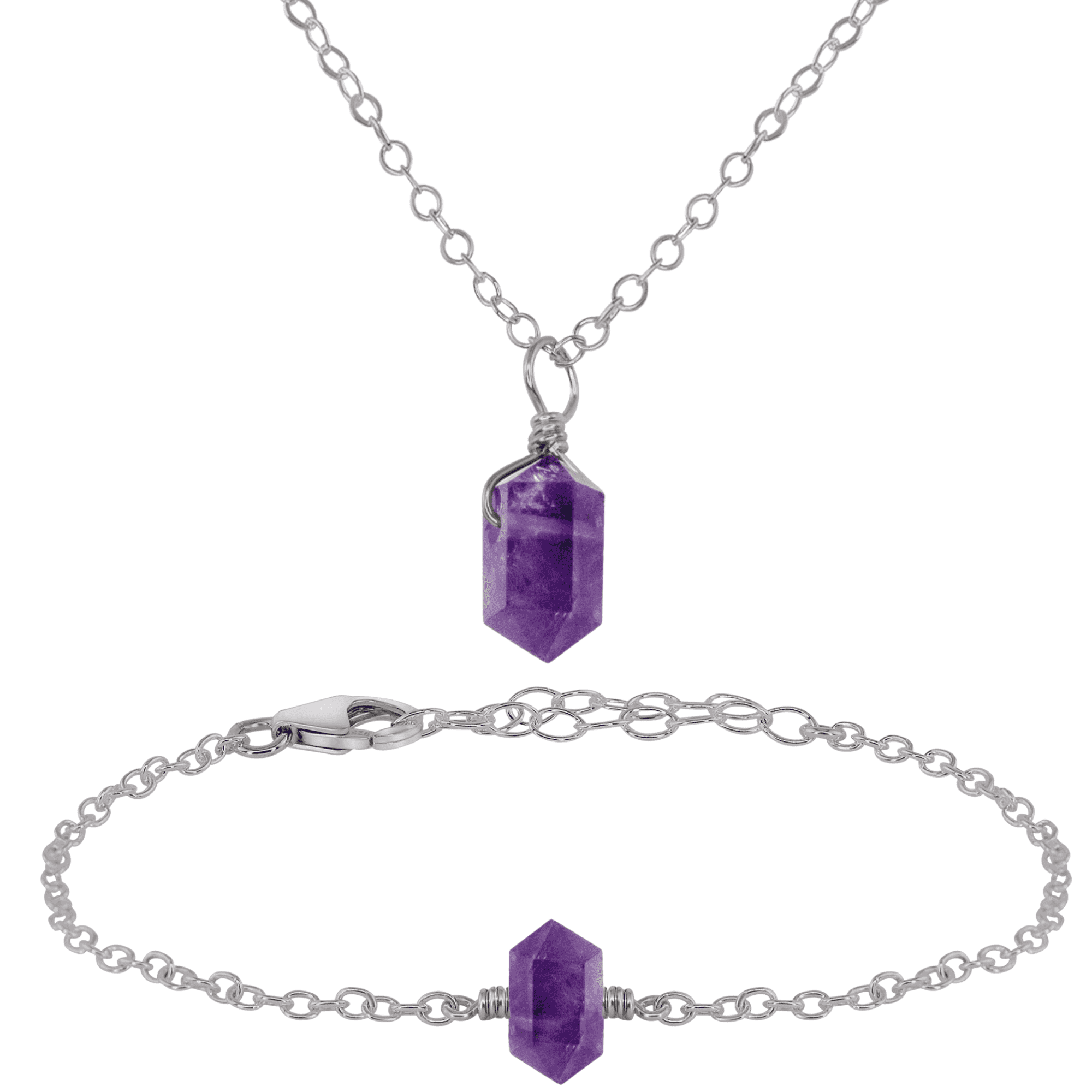 Amethyst Double Terminated Crystal Necklace & Bracelet Set - Amethyst Double Terminated Crystal Necklace & Bracelet Set - Stainless Steel - Luna Tide Handmade Crystal Jewellery