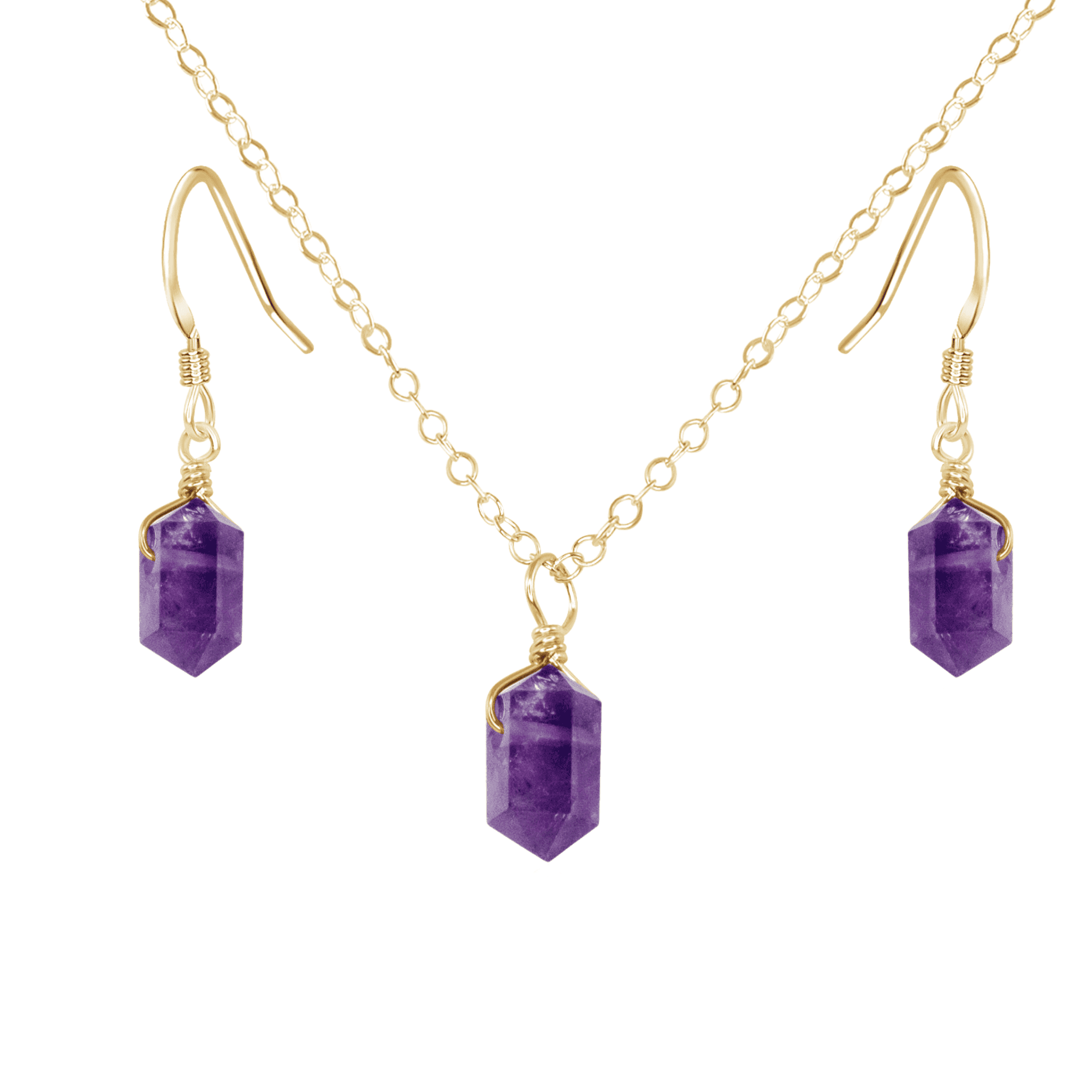 Amethyst Mini Double Terminated Crystal Point Earrings & Necklace Set - Amethyst Mini Double Terminated Crystal Point Earrings & Necklace Set - 14k Gold Fill - Luna Tide Handmade Crystal Jewellery