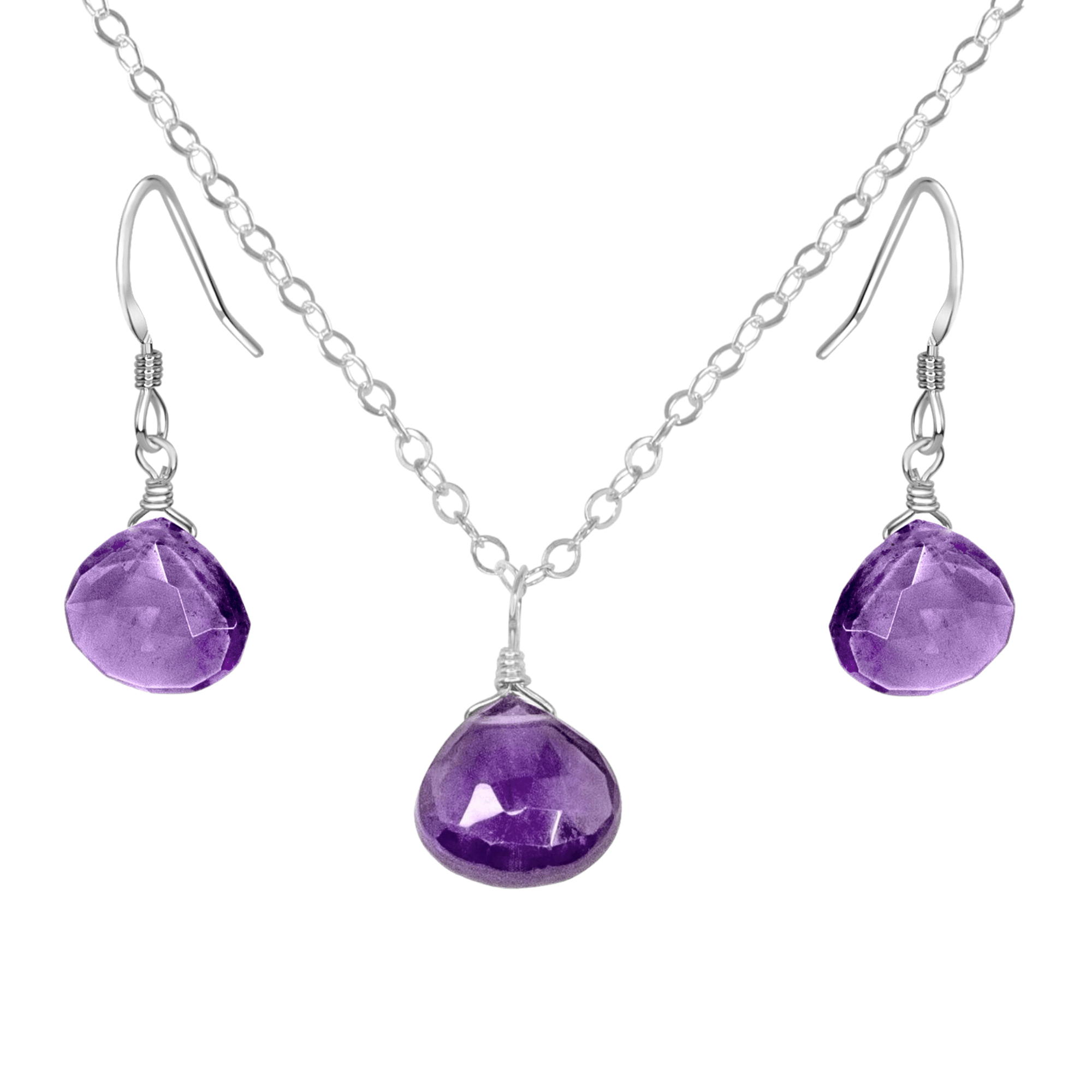 Amethyst Tiny Teardrop Earrings & Necklace Set - Amethyst Tiny Teardrop Earrings & Necklace Set - Sterling Silver / Cable - Luna Tide Handmade Crystal Jewellery