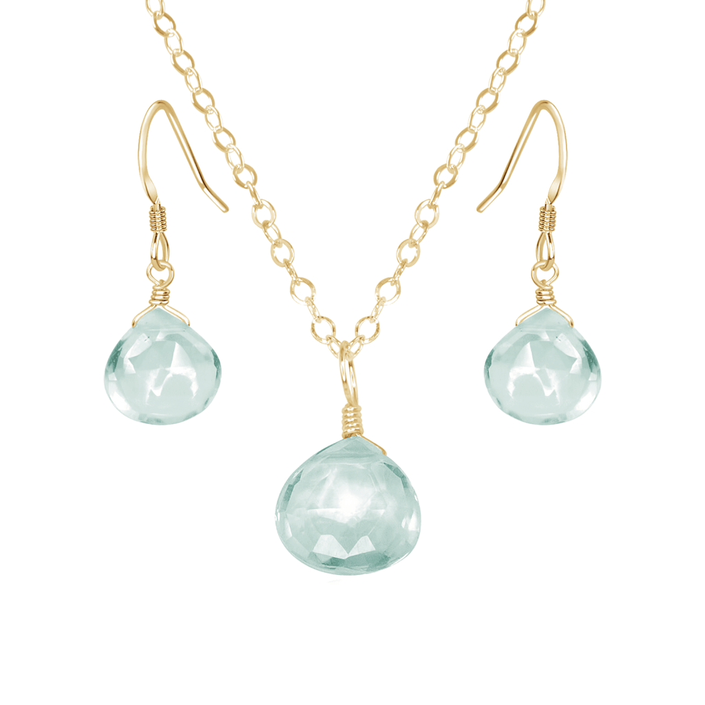 Aquamarine Tiny Teardrop Earrings & Necklace Set - Aquamarine Tiny Teardrop Earrings & Necklace Set - 14k Gold Fill / Cable - Luna Tide Handmade Crystal Jewellery