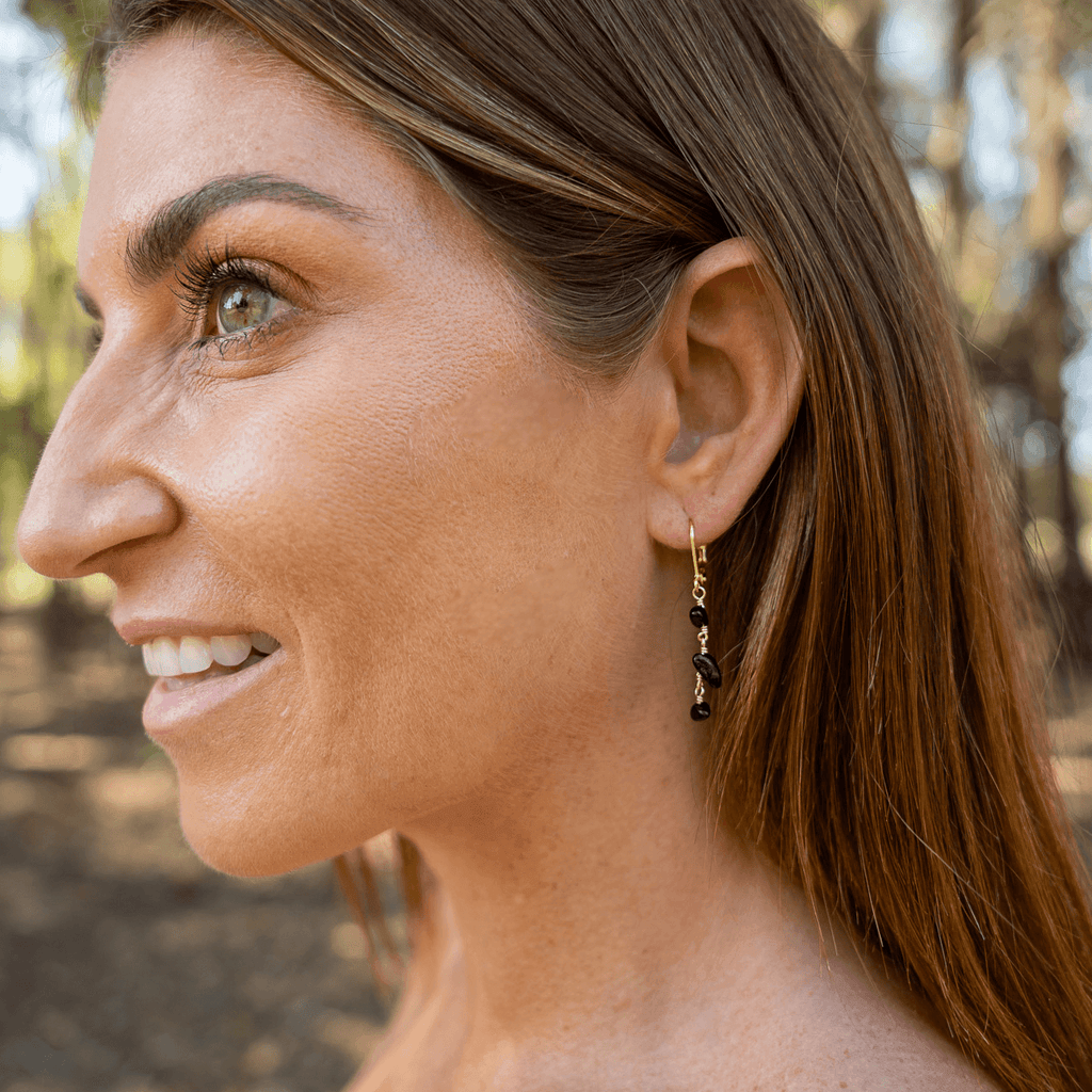 Black Tourmaline Crystal Beaded Chain Dangle Leverback Earrings - Black Tourmaline Crystal Beaded Chain Dangle Leverback Earrings - 14k Gold Fill - Luna Tide Handmade Crystal Jewellery