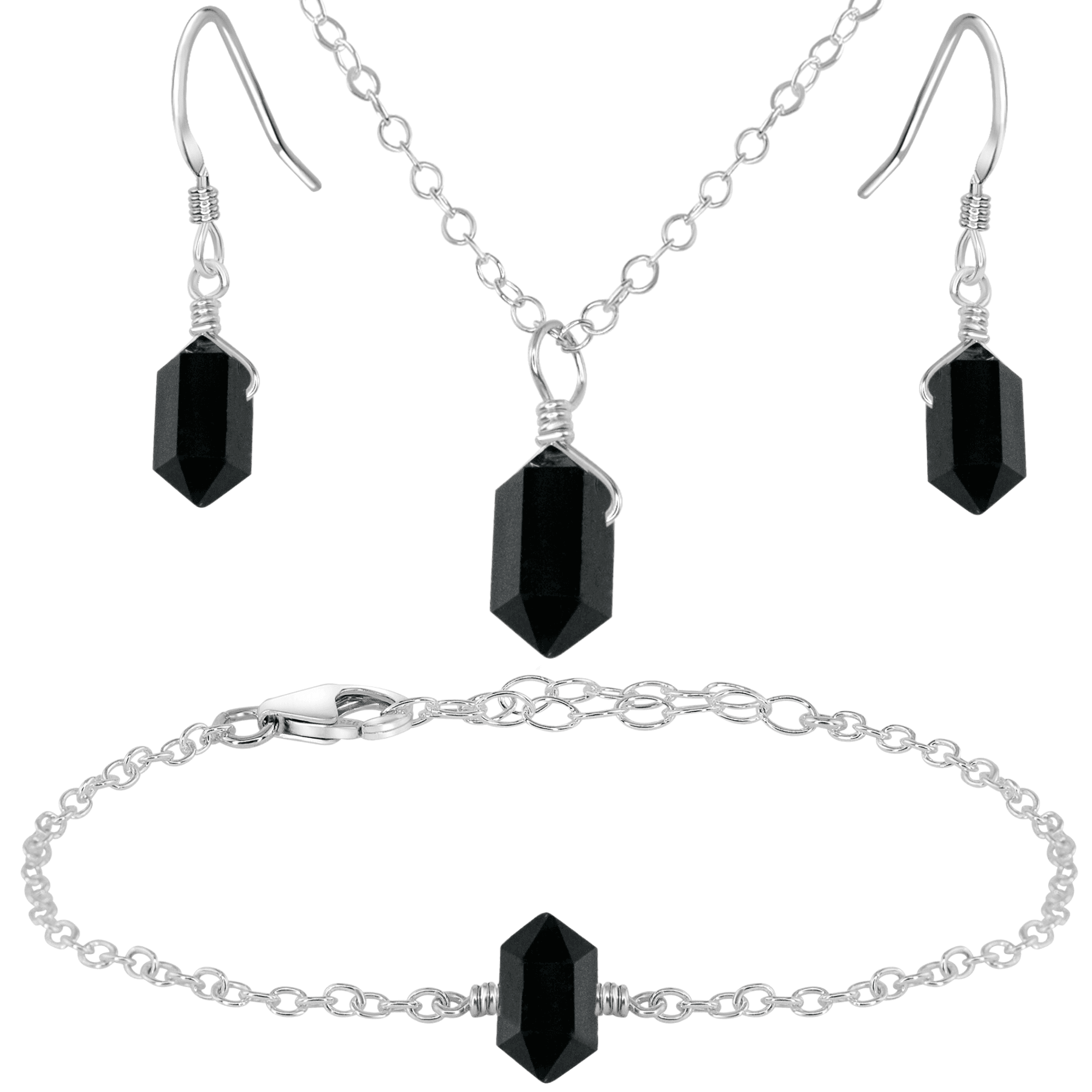Black Tourmaline Double Terminated Crystal Earrings, Necklace & Bracelet Set - Black Tourmaline Double Terminated Crystal Earrings, Necklace & Bracelet Set - Sterling Silver - Luna Tide Handmade Crystal Jewellery
