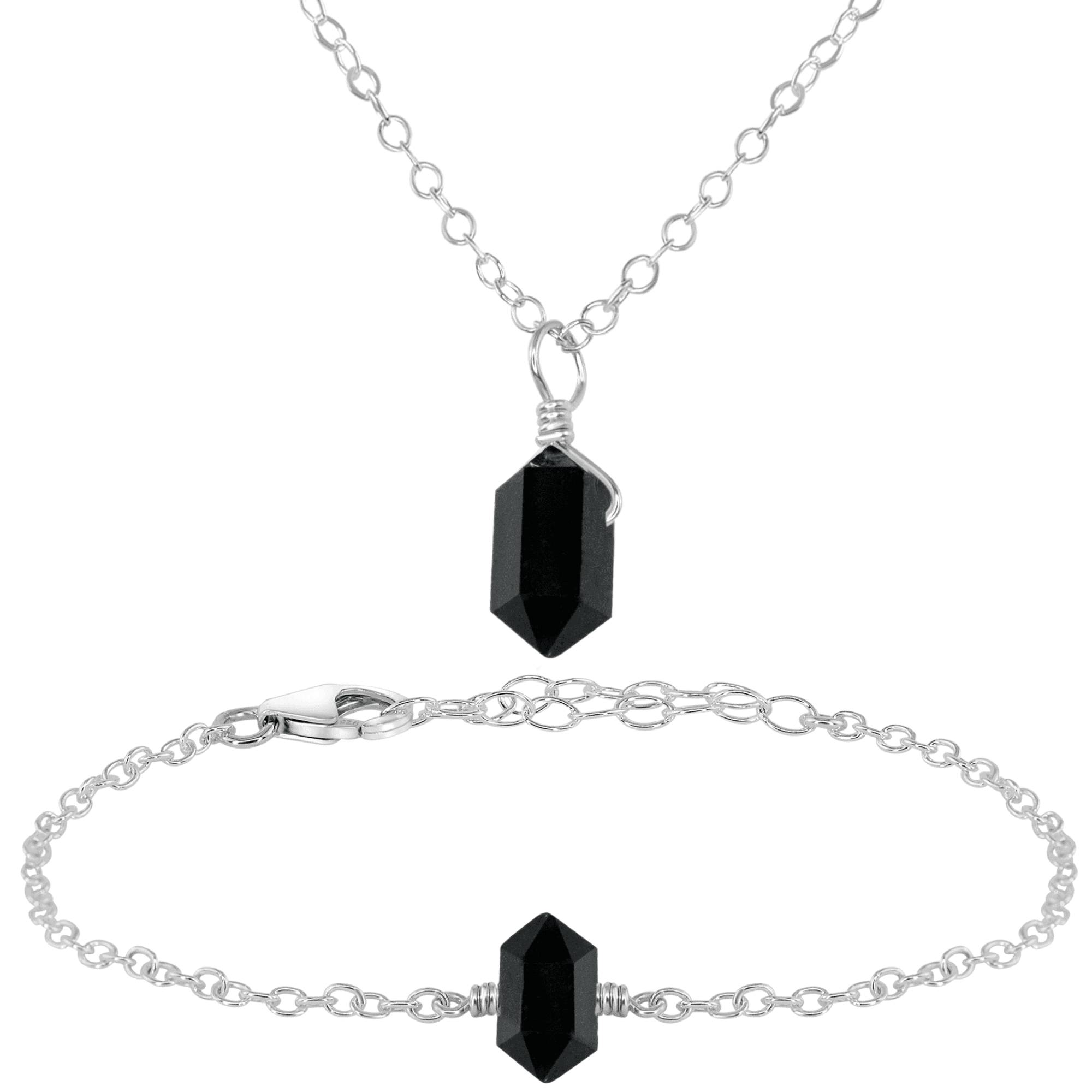 Black Tourmaline Double Terminated Crystal Necklace & Bracelet Set - Black Tourmaline Double Terminated Crystal Necklace & Bracelet Set - Sterling Silver - Luna Tide Handmade Crystal Jewellery