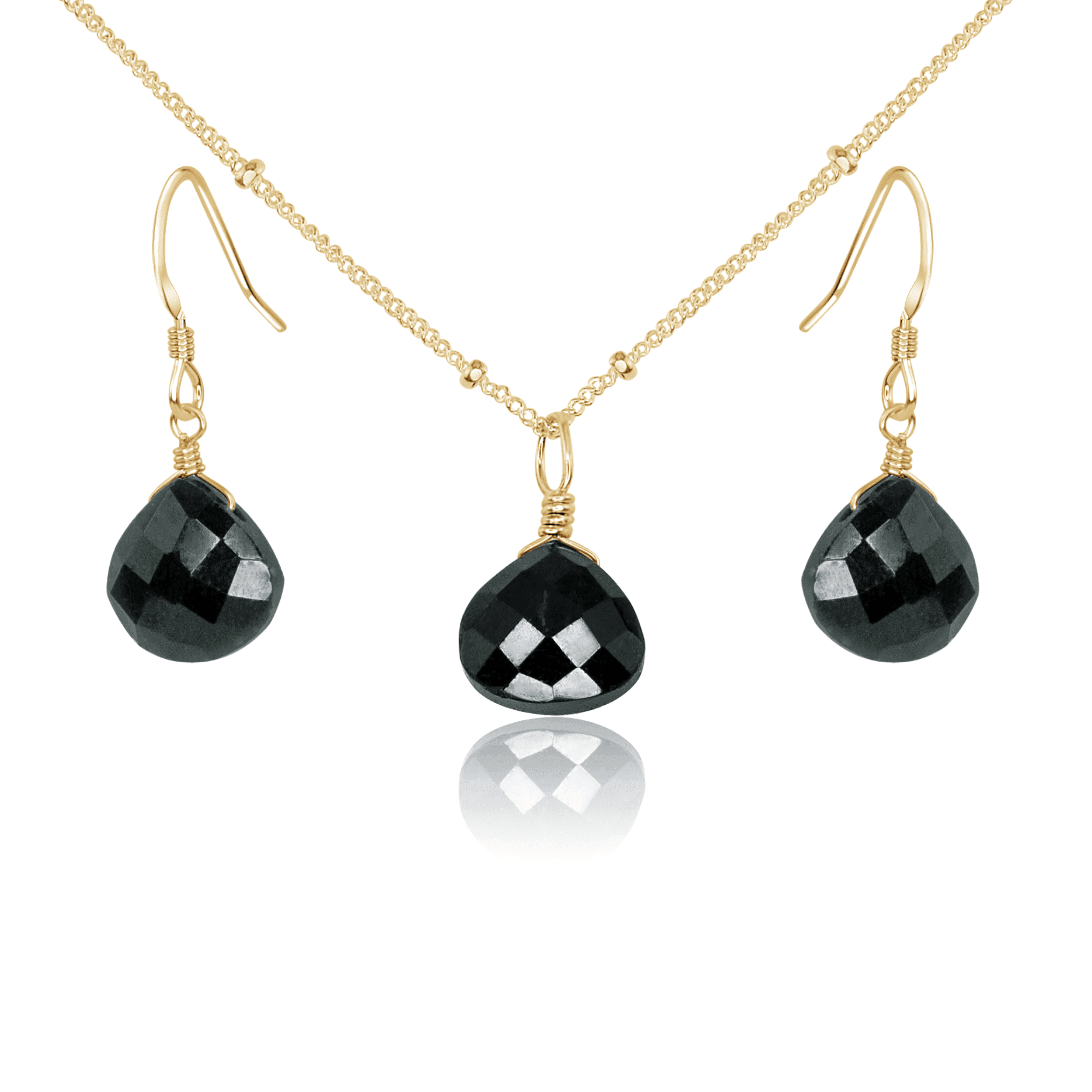 Black Tourmaline Tiny Teardrop Earrings & Necklace Set - Black Tourmaline Tiny Teardrop Earrings & Necklace Set - 14k Gold Fill / Satellite - Luna Tide Handmade Crystal Jewellery