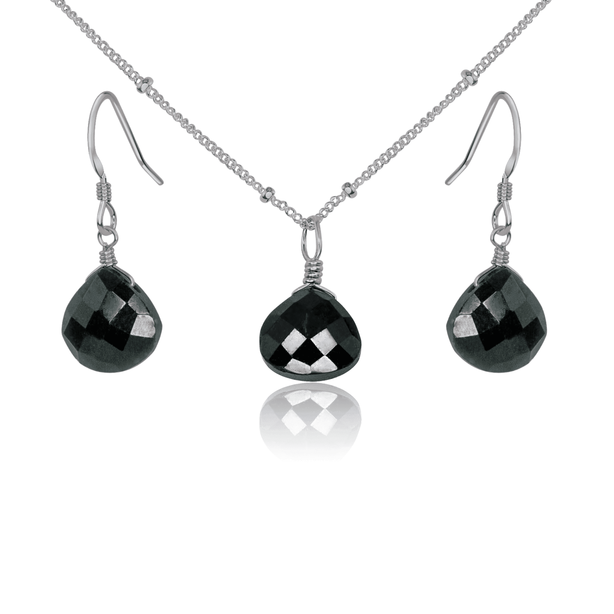 Black Tourmaline Tiny Teardrop Earrings & Necklace Set - Black Tourmaline Tiny Teardrop Earrings & Necklace Set - Stainless Steel / Satellite - Luna Tide Handmade Crystal Jewellery