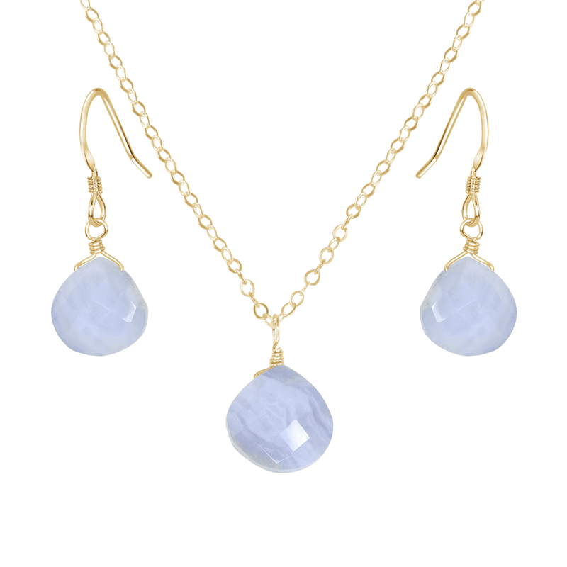 Blue Lace Agate Tiny Teardrop Earrings & Necklace Set - Blue Lace Agate Tiny Teardrop Earrings & Necklace Set - 14k Gold Fill / Cable - Luna Tide Handmade Crystal Jewellery