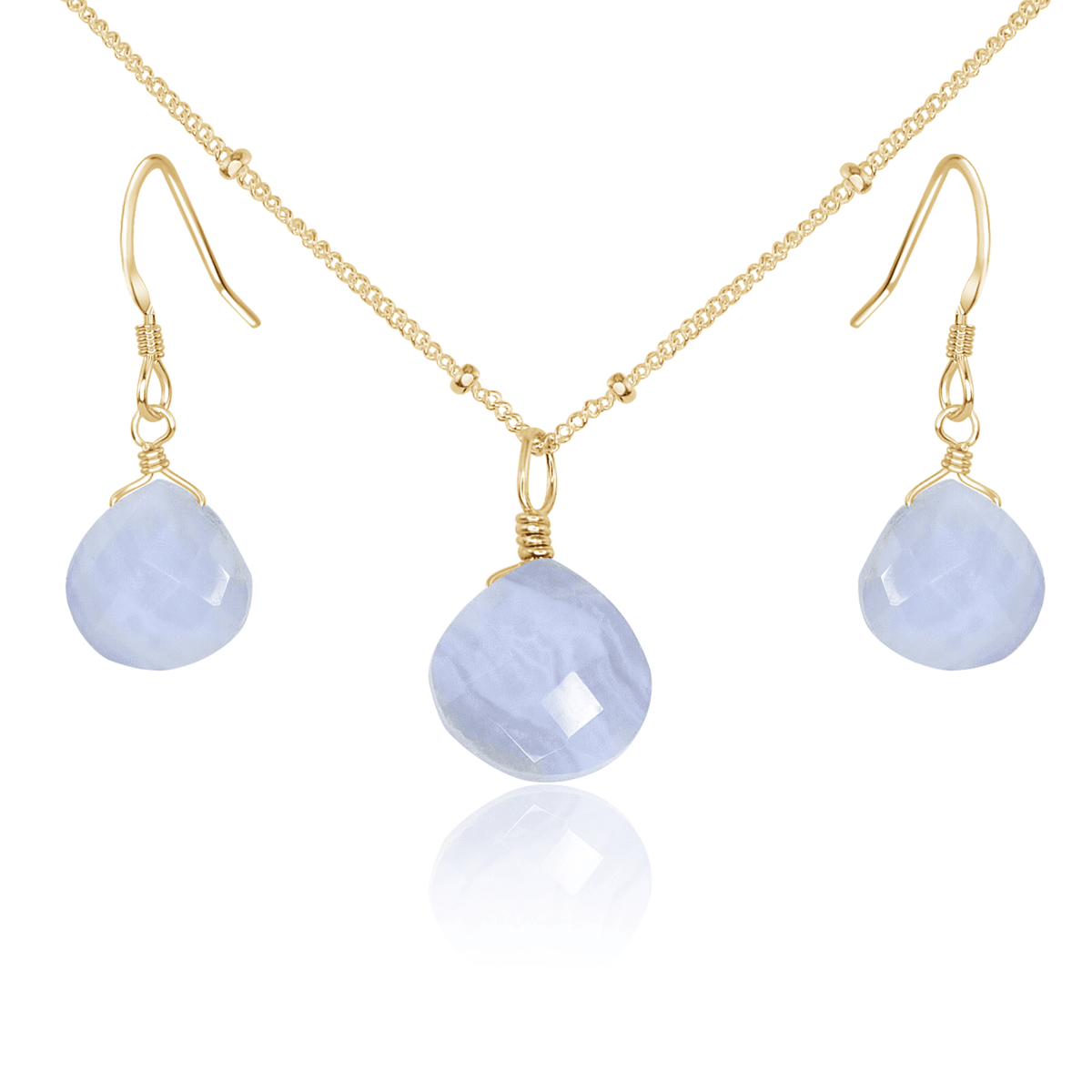 Blue Lace Agate Tiny Teardrop Earrings & Necklace Set - Blue Lace Agate Tiny Teardrop Earrings & Necklace Set - 14k Gold Fill / Satellite - Luna Tide Handmade Crystal Jewellery