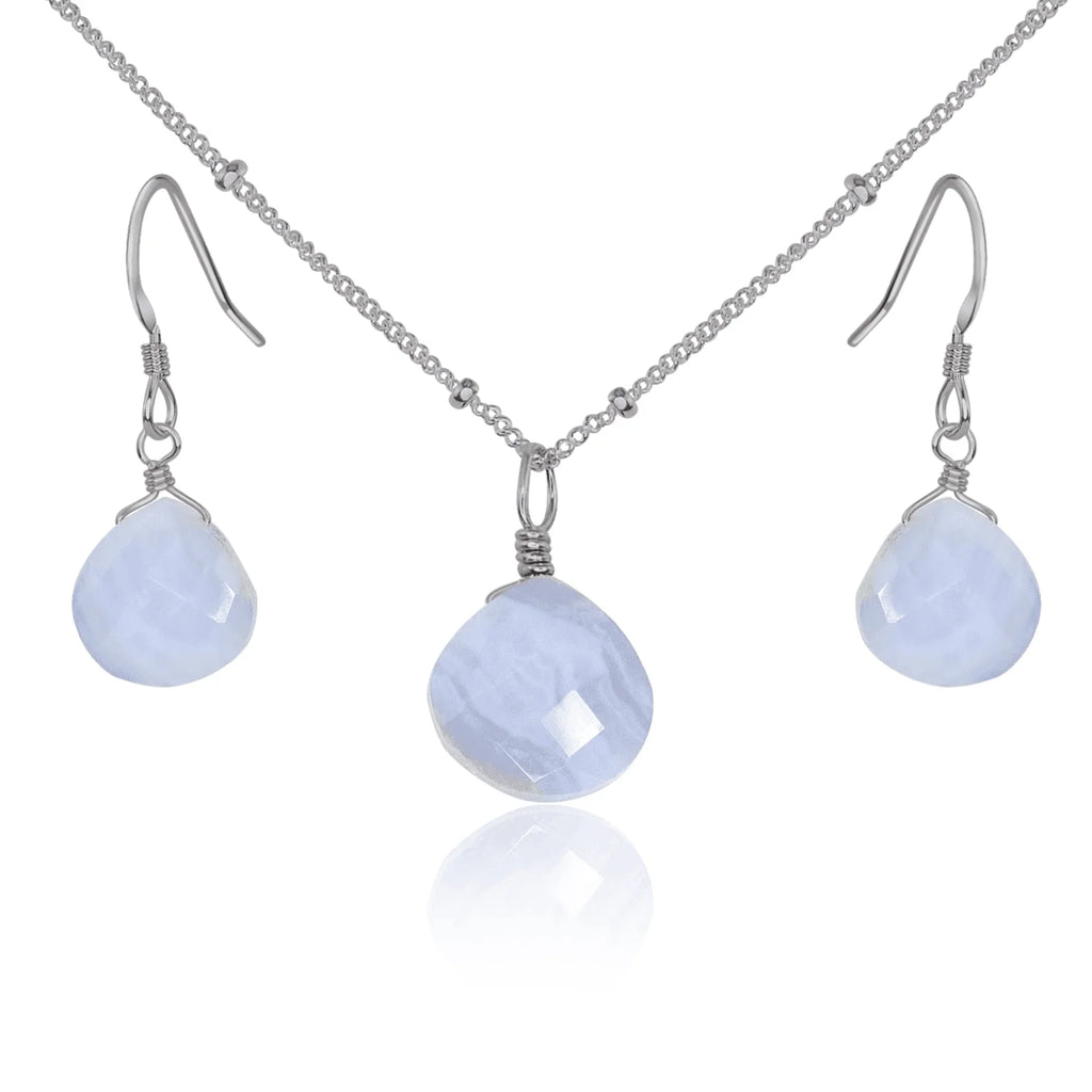 Blue Lace Agate Tiny Teardrop Earrings & Necklace Set - Blue Lace Agate Tiny Teardrop Earrings & Necklace Set - Stainless Steel / Satellite - Luna Tide Handmade Crystal Jewellery