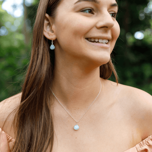 Blue Lace Agate Tiny Teardrop Earrings & Necklace Set - Blue Lace Agate Tiny Teardrop Earrings & Necklace Set - Sterling Silver / Cable - Luna Tide Handmade Crystal Jewellery