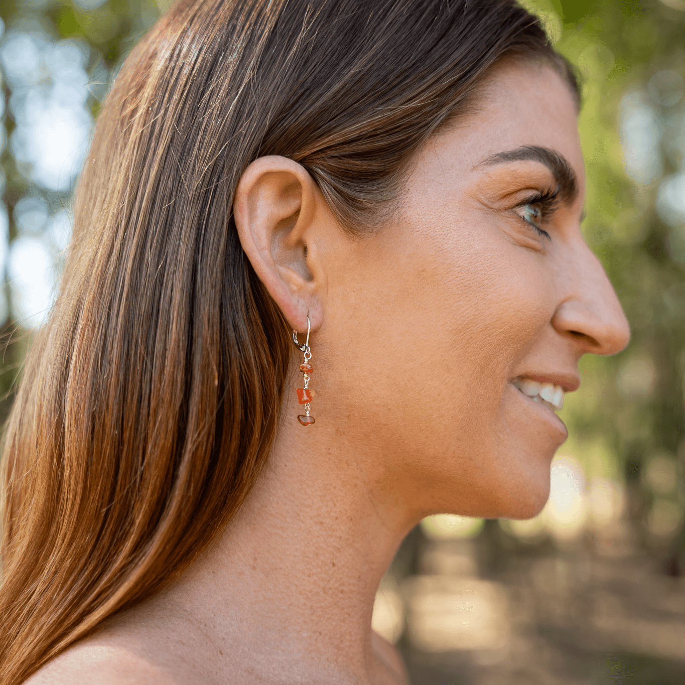 Carnelian Crystal Beaded Chain Dangle Leverback Earrings - Carnelian Crystal Beaded Chain Dangle Leverback Earrings - Sterling Silver - Luna Tide Handmade Crystal Jewellery